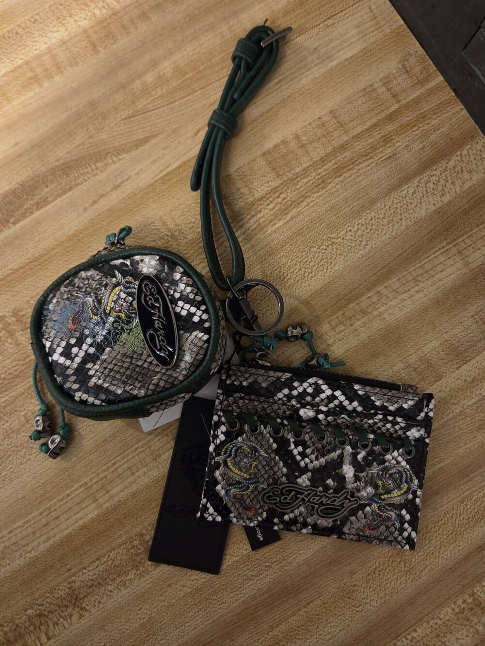 Ed Hardy NWT Snakeskin Print With Green Whipstitch Wristlet Set